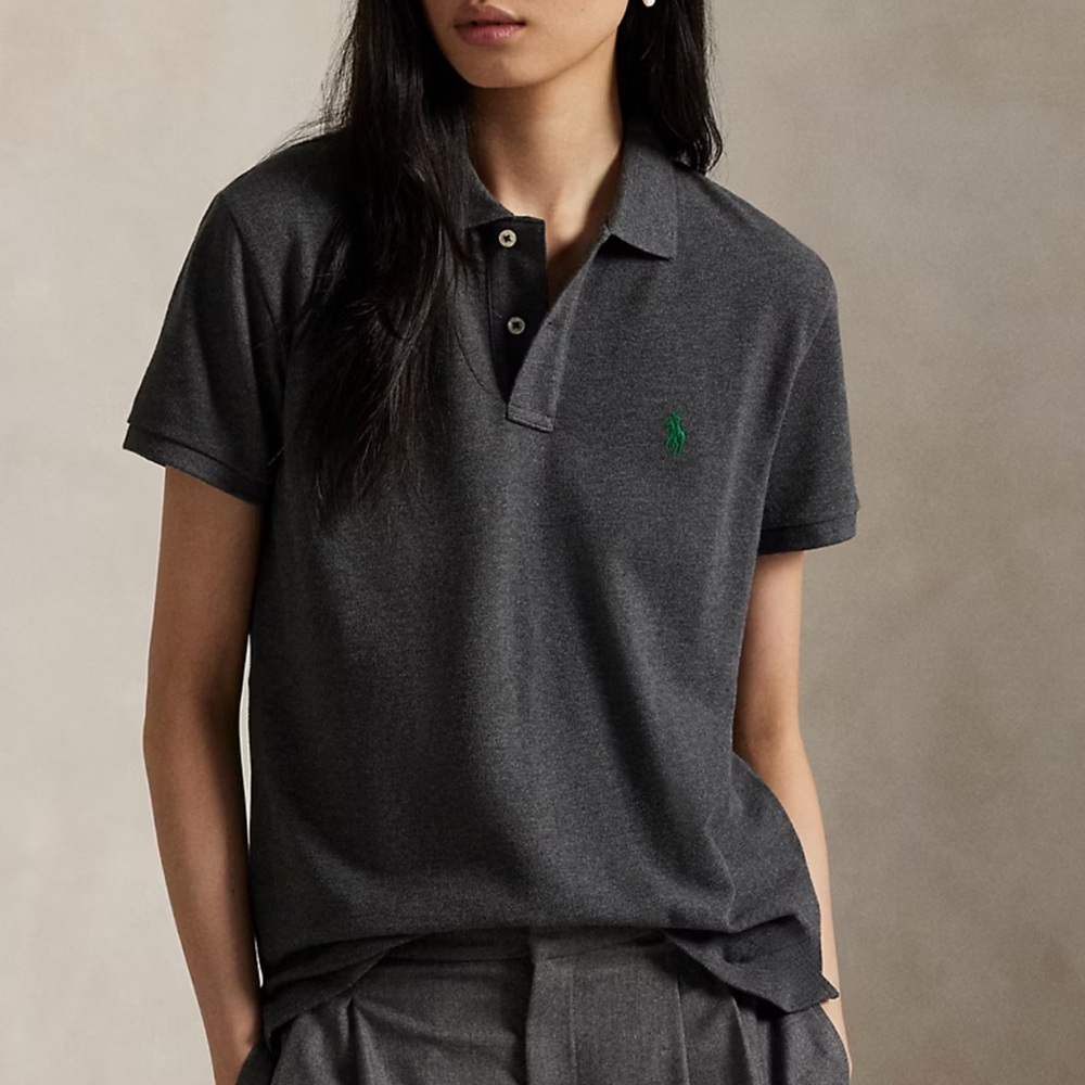 NWT Ralph Lauren Women's Gray Logo Embroidered Cotton Skinny Polo Shirt Small